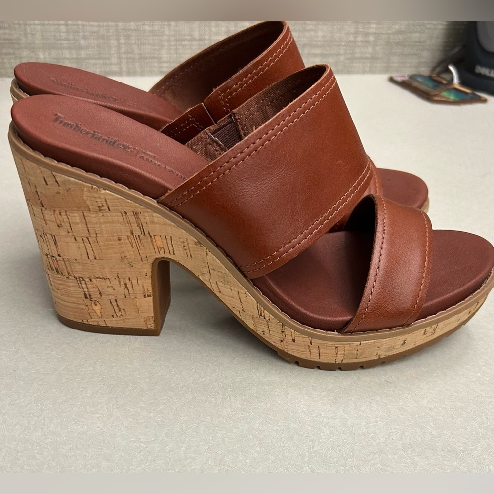Timberland Leather Cork Platform Sandals Chunky Heel.size 7
